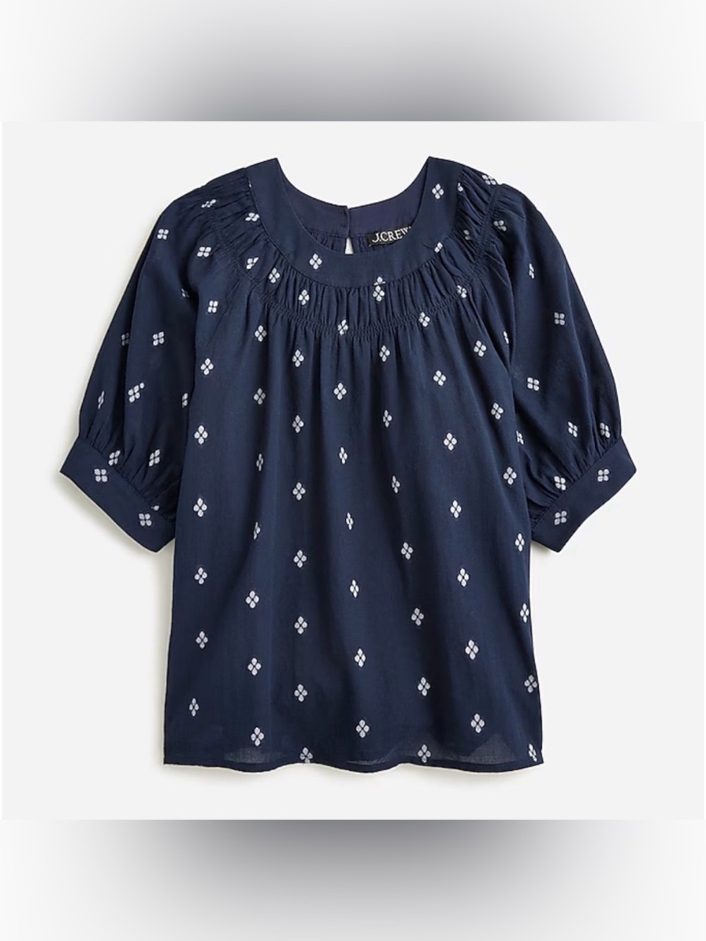 NWT J.Crew Navy/White Smock-neck puff-sleeve top in dot - Size Small
